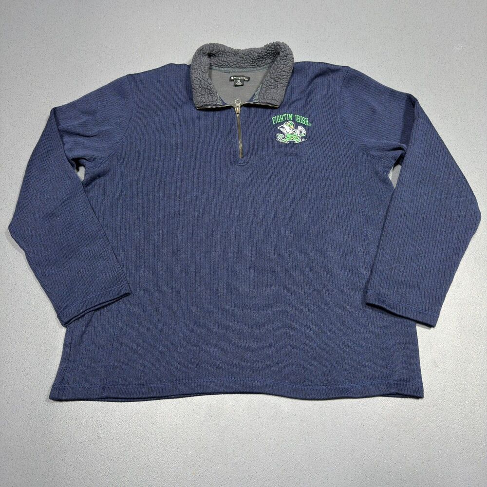 Champion Elite Notre Dame Fighting Irish Quarter Zip Sweater Mens XL Navy Sherpa